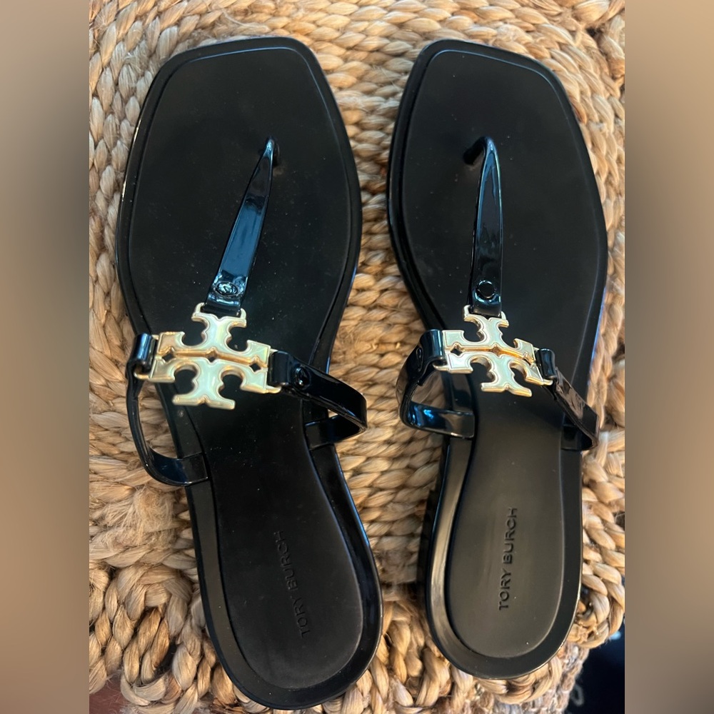 Tory Burch Black Sandals with Gold Emblem